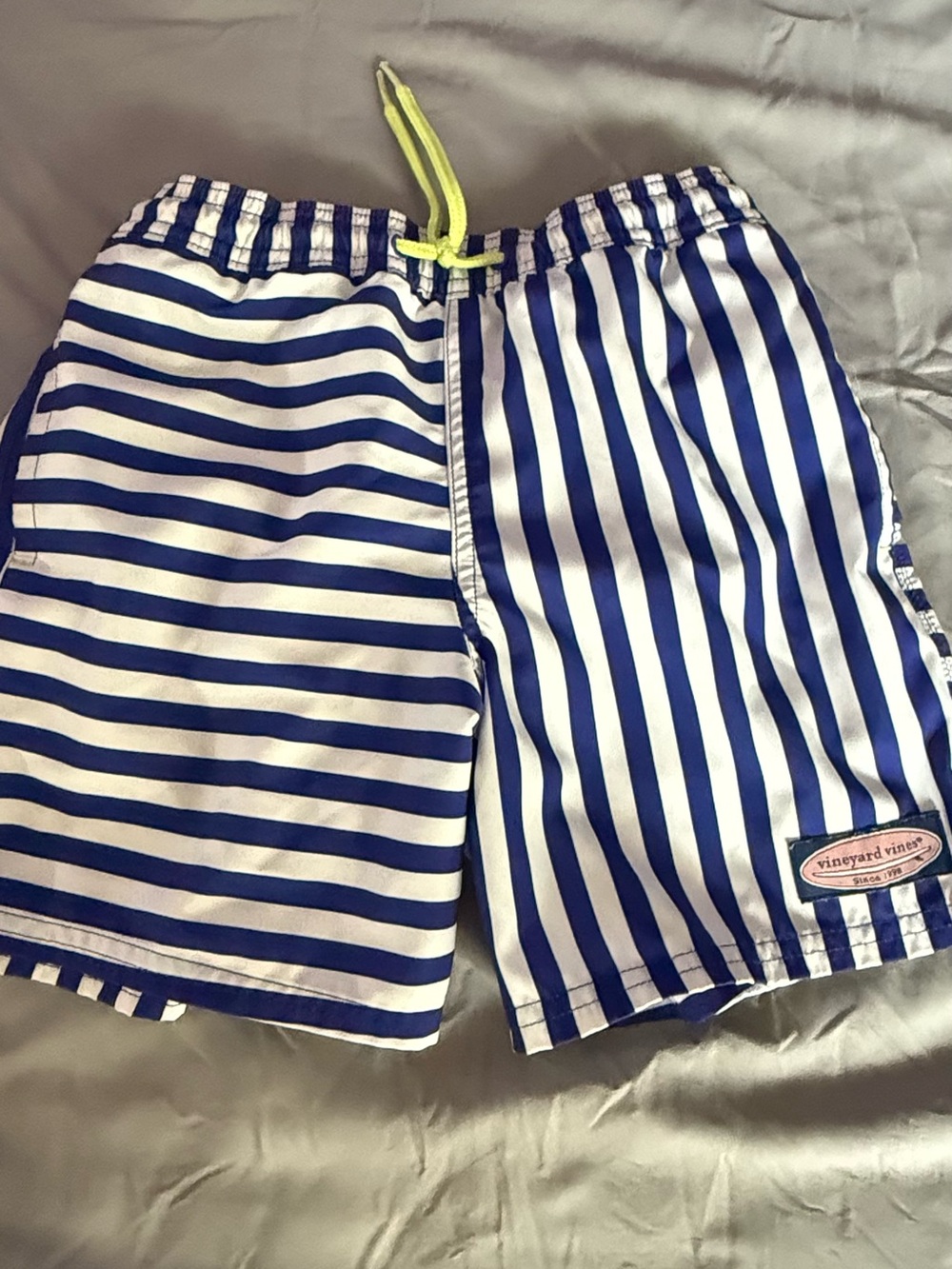 Vineyard Vines Men's Blue & White Striped Athletic Shorts with Neon Drawcord